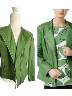 Alfani Urban Botanical Green Asymmetrical Zip Leather Moto Jacket